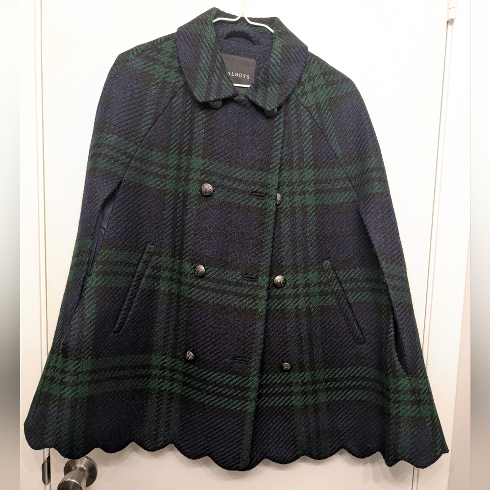 Talbots Black Watch Tartan Plaid Wool Scalloped Hem Button Front True Cape Small
